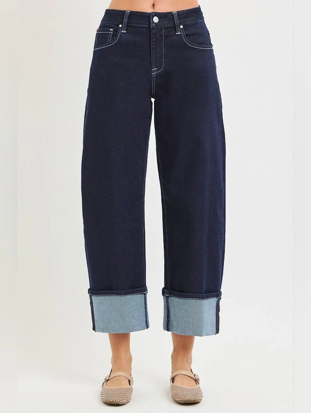 RISEN Deep Dark Wash Cuffed Barrel Jeans Cropped Stretch Classic Various NEW - Picture 3 of 15